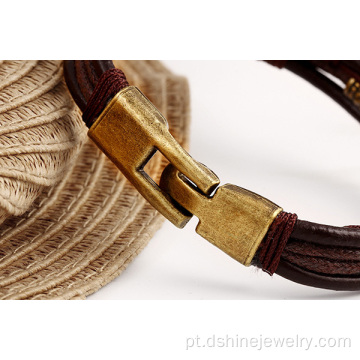 Multi camadas, bracelete de couro para mulheres liga Wrap pulseiras